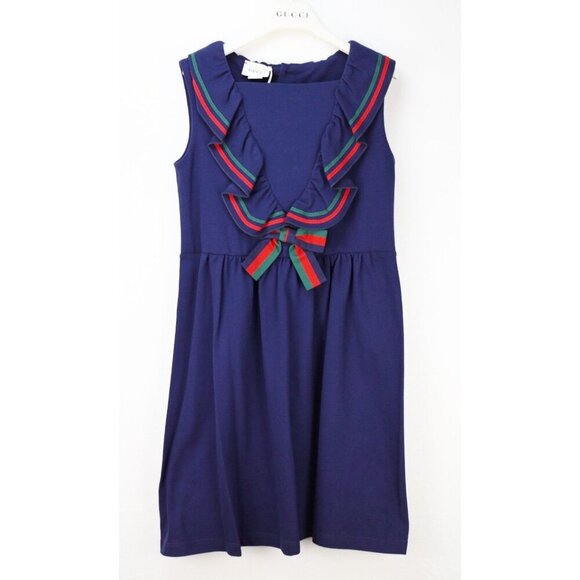 NWT Gucci kids ruffled dress with bow navy blue red green size 10 - Picture 1 of 12